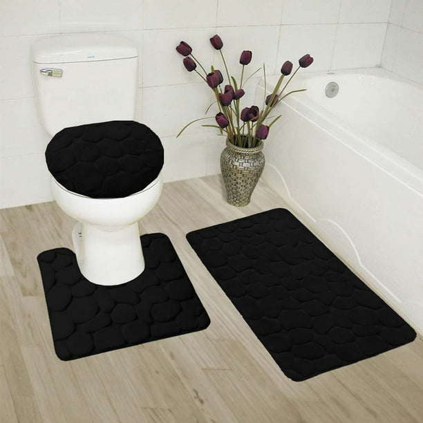 Non-Slip Bathroom Rug Bath Mat Contour Toilet Seat Lid Cover Set Wood Style